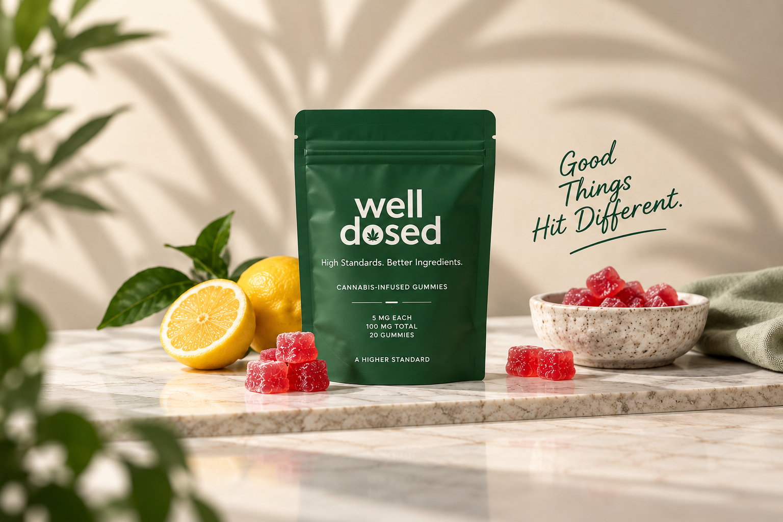 Well Dosed gummy concept with lemon, greenery and red gummies